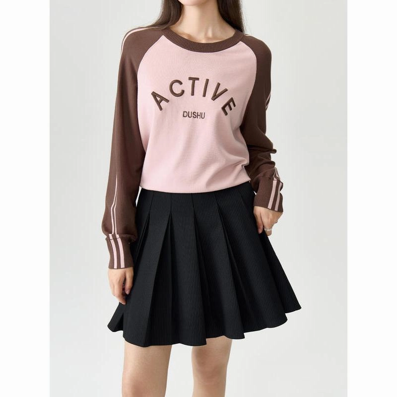 Relaxed Fit Shirt Basic Dress Women's Casual Round Neck Contrast Color Raglan Sleeves Sweater