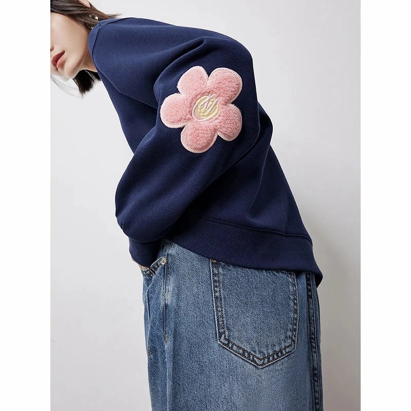 Floral Patchwork Sleeve Casual Pullover Sweatshirt for Women Ribbed Neckline Cozy Fit