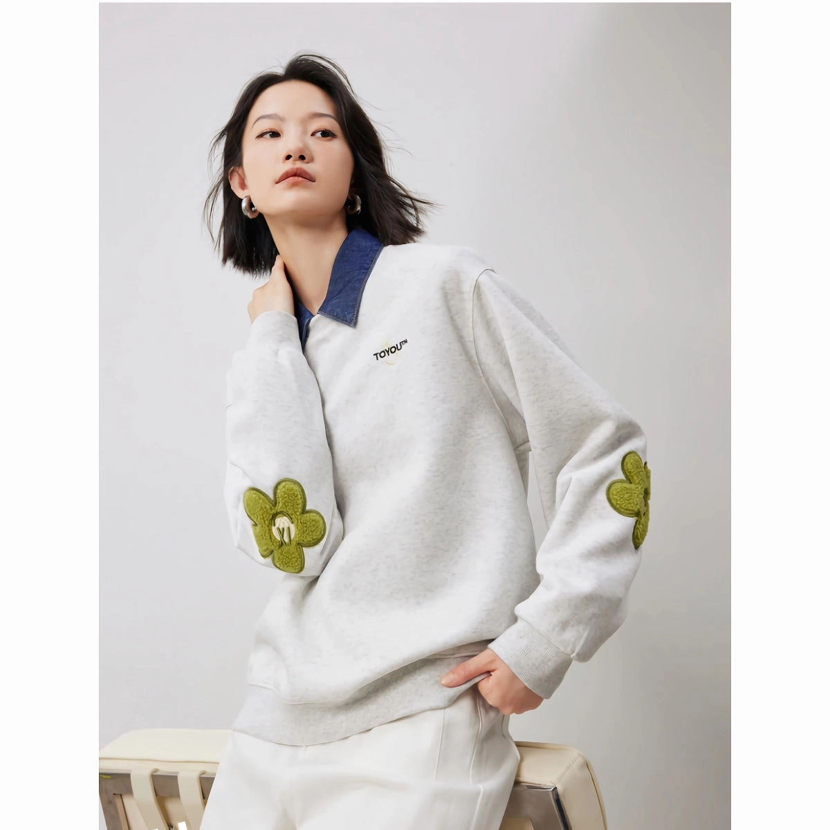 BondedShoulderTaping Minimalist Collar Floral Patchwork Sleeve Casual Pullover Sweatshirt for Women