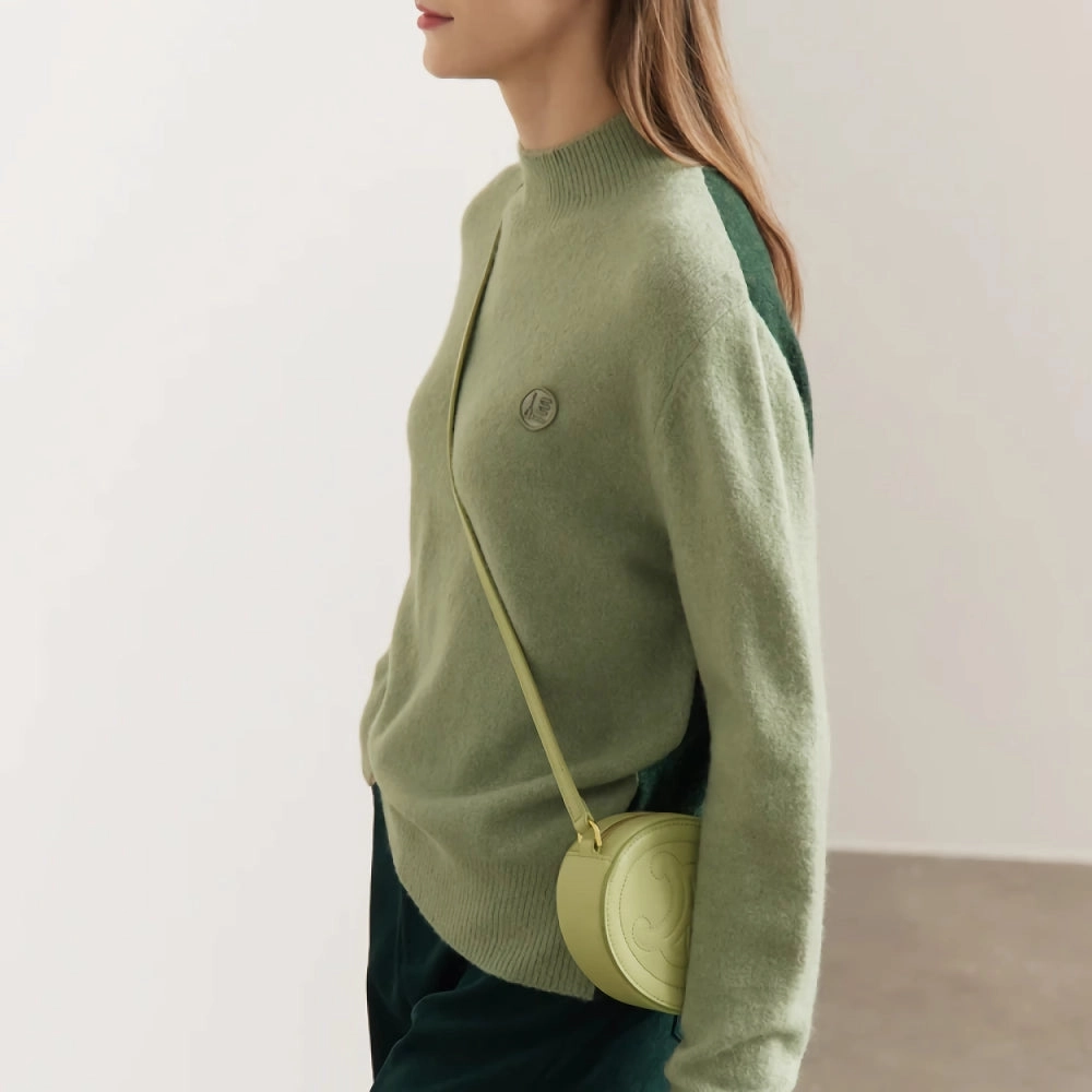 Autumn Mock Neck Embroidery Knitted Pullover Sweater AntiPill Finish Reinforced Shoulder Panels