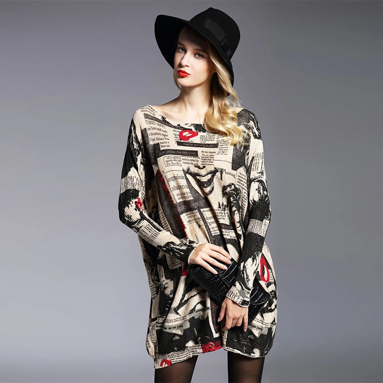 button detail New Europe And The United States Fashion Women's Long-sleeved Mouth Printed Overhead Knitted Sweater