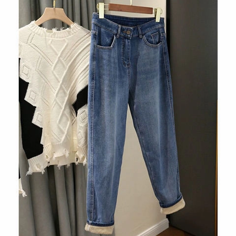Add Fleece And Thick Blue High-waisted Daddy Jeans For Children Fall Winter Flattering Waist One For All