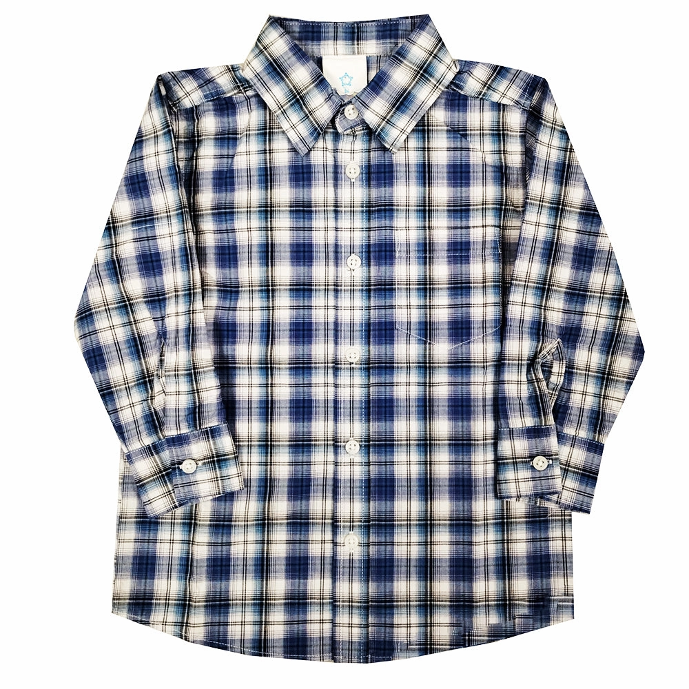 Classic Shirt Cozy Sweatshirt Boys' Long-Sleeve Blue & Black Plaid Shirt 3306 2306