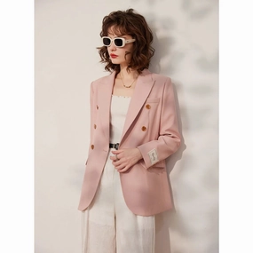 Spring Pink Double Breasted Blazer for Women - Stylish Office Suit Jacket Winter Outerwear High Collar Options