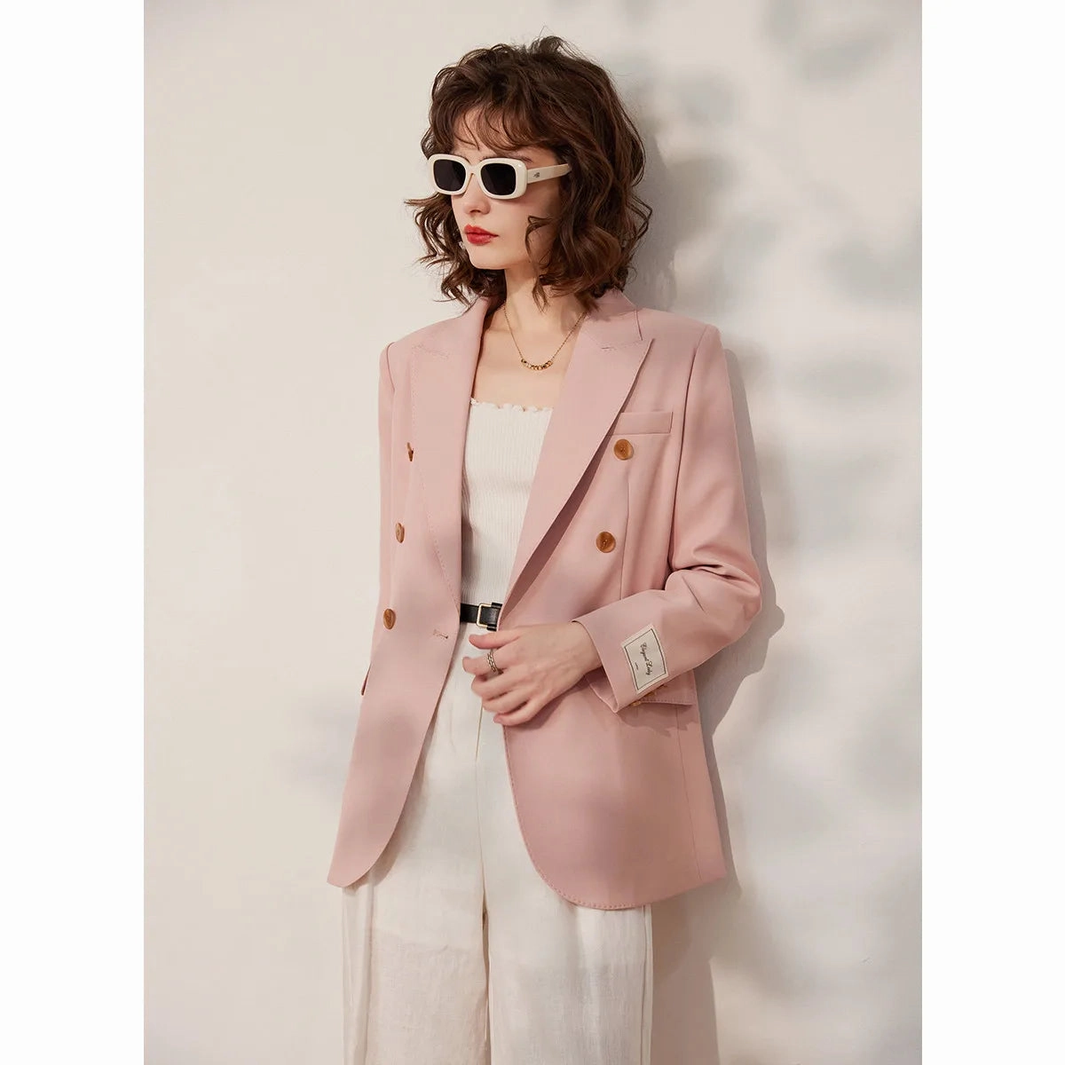 TemperatureRegulating Tech Spring Pink Double Breasted Blazer for Women - Stylish Office Suit Jacket