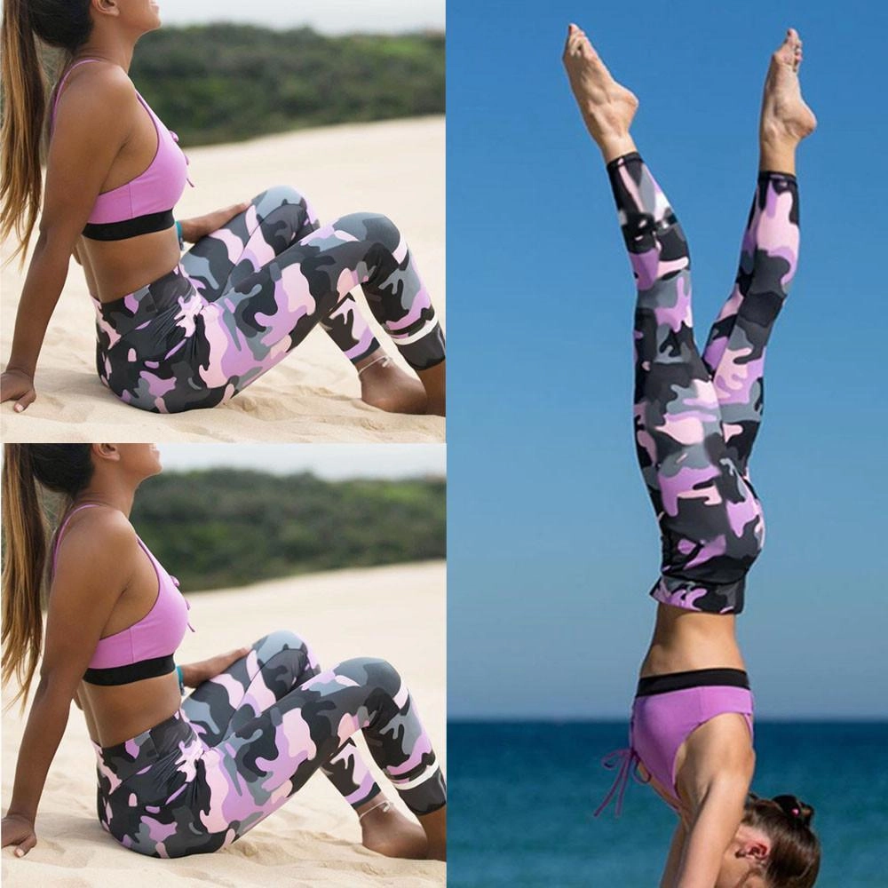 Women Pink Camouflage Yoga Leggings HydrationCompatible Storage BondedSeamlessConstruction