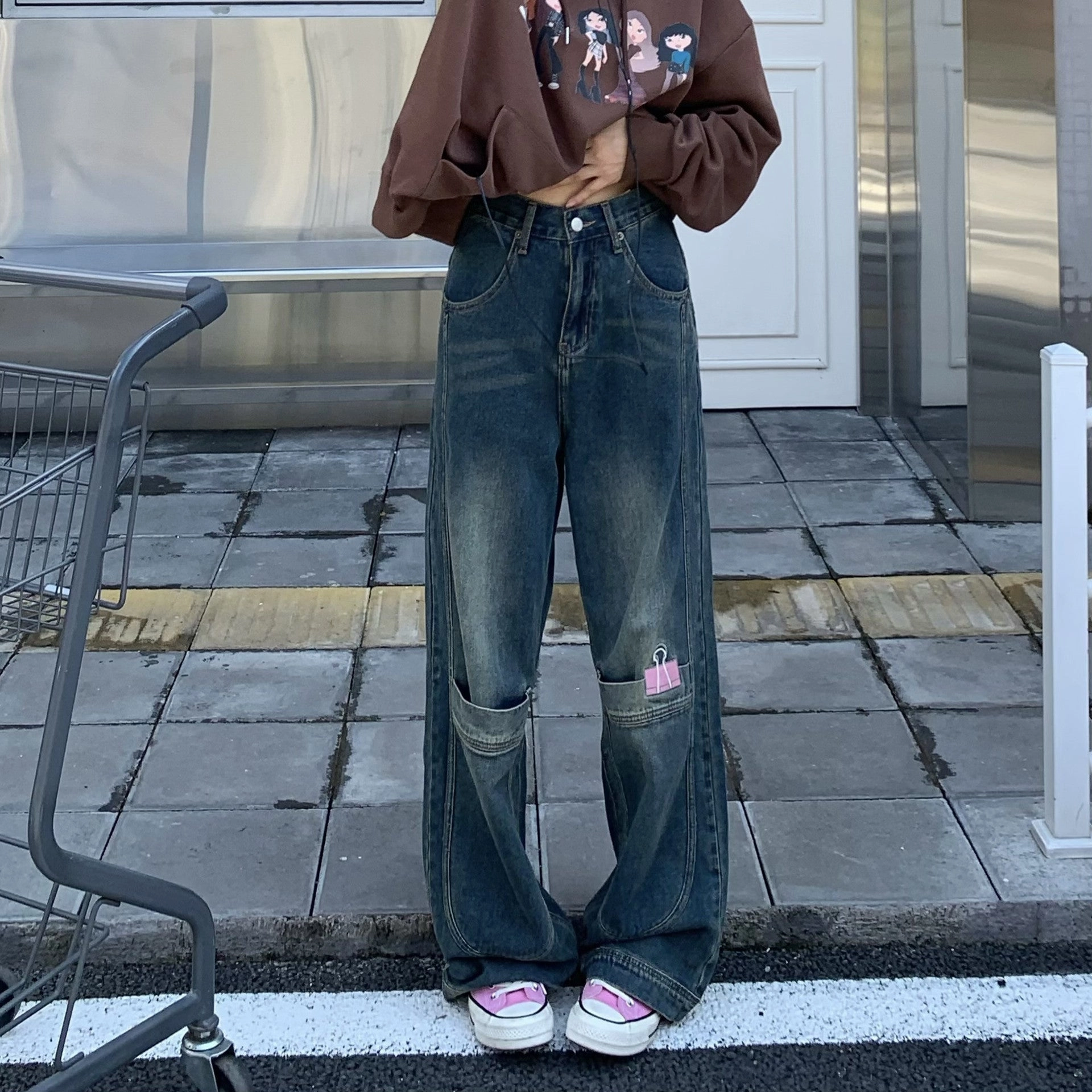 American-style Retro Street Pocket Clip Embroidered Jeans Wear Anytime