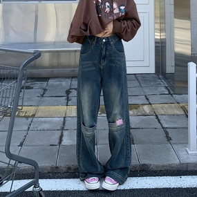 American-style Retro Street Pocket Clip Embroidered Jeans Wardrobe Staple Street Approved