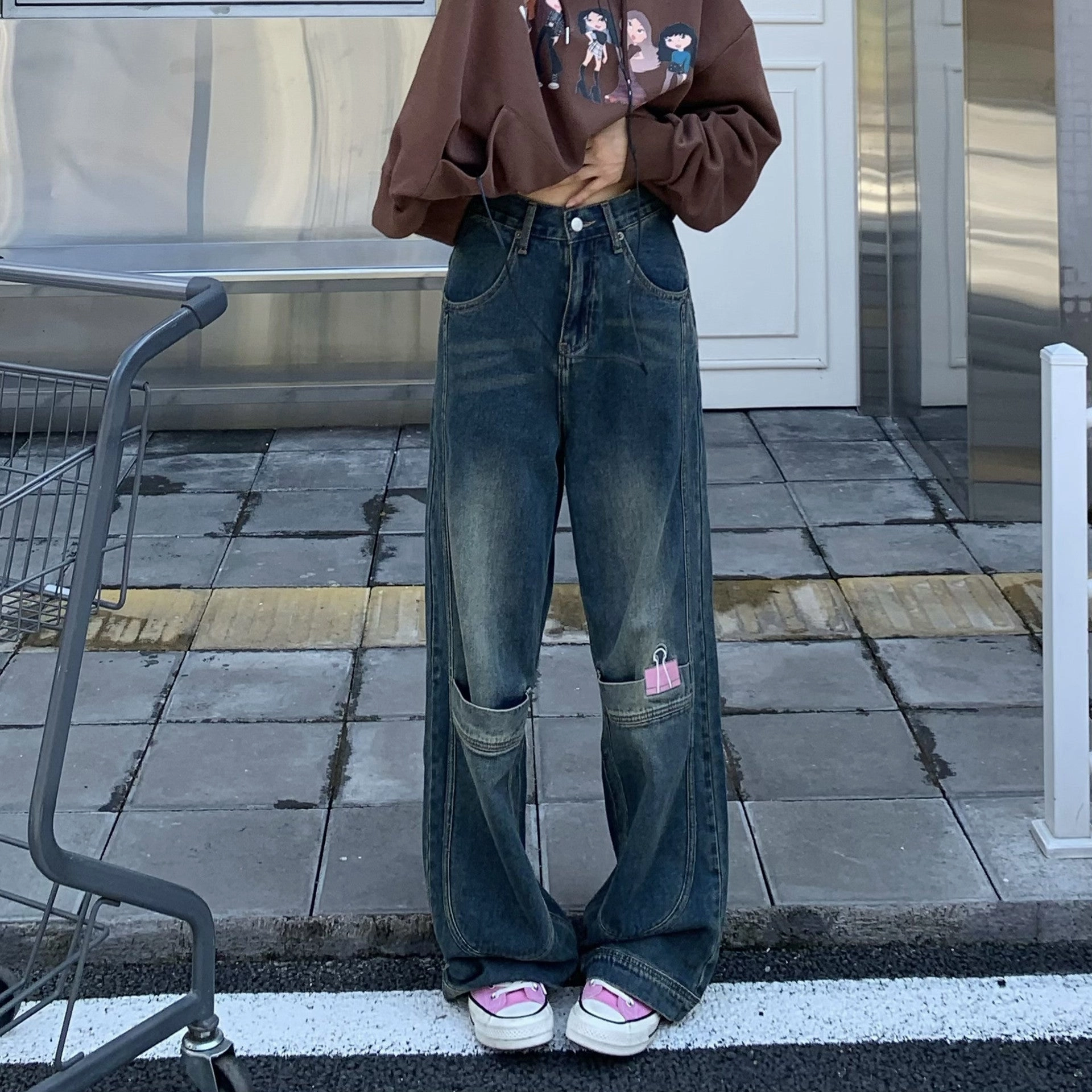 American-style Retro Street Pocket Clip Embroidered Jeans Wardrobe Staple Street Approved