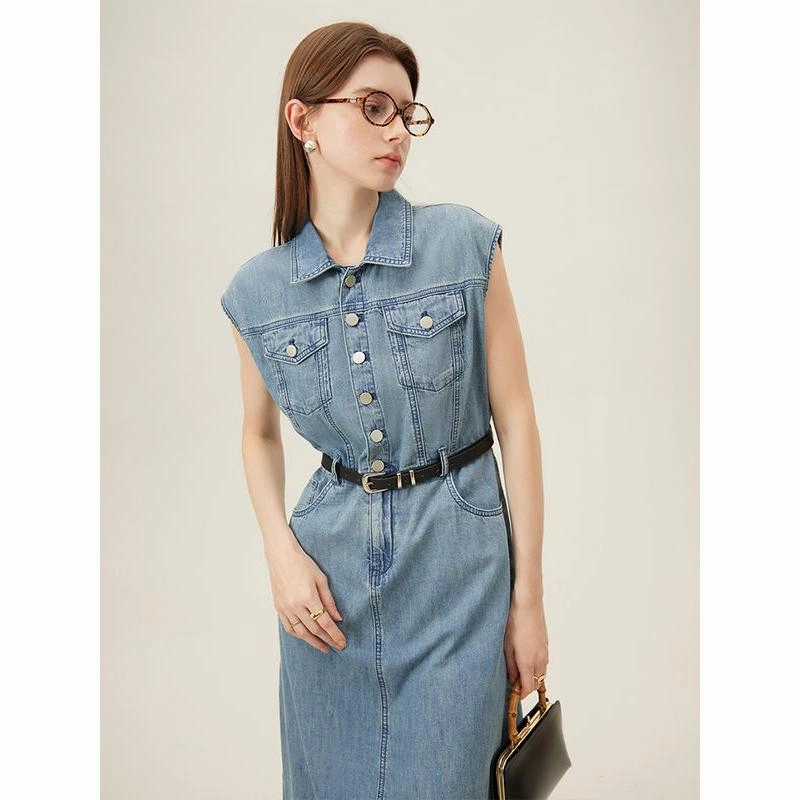 Weekend Ready Summer Chic Sleeveless Denim Dress - Cotton Casual Straight Knee-Length