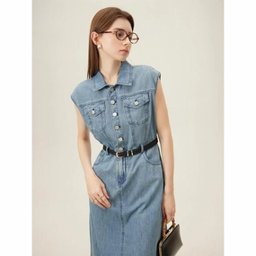 Summer Chic Sleeveless Denim Dress - Cotton Casual Straight Knee-Length Bold pattern mid-calf dress
