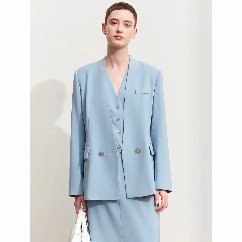 Autumn V-neck Blazer with Heart-shaped Buckle Windbreaker Inspired Fit