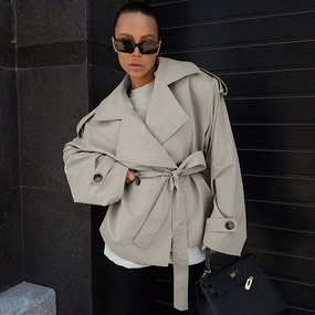 Loose Waistband Long Sleeve Trench Coat Casual Jacket HeatRetentionTechnology