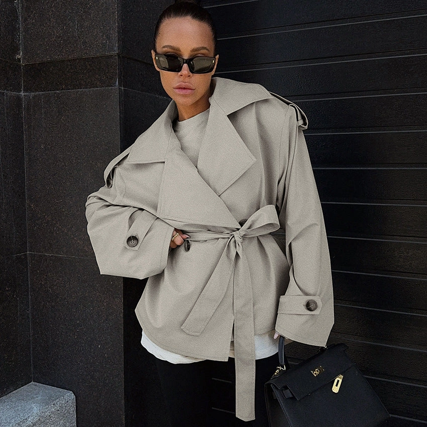 Loose Waistband Long Sleeve Trench Coat Casual Jacket High Collar Style Advanced Insulation