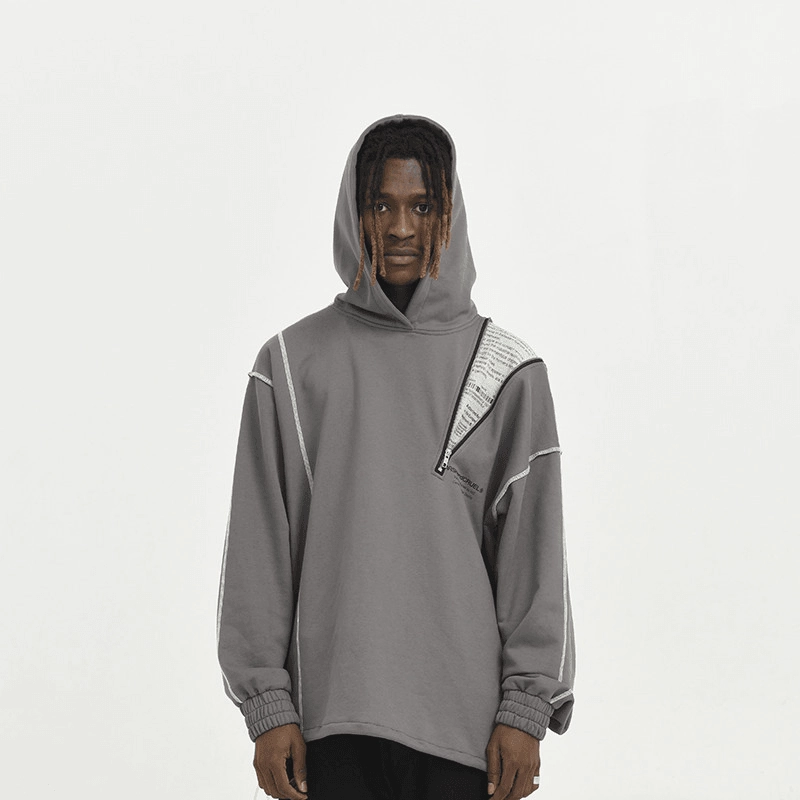 goes with boots Warm in winter Asymmetrical Zipper Reverse Process Printing Loose Hooded Sweatshirt