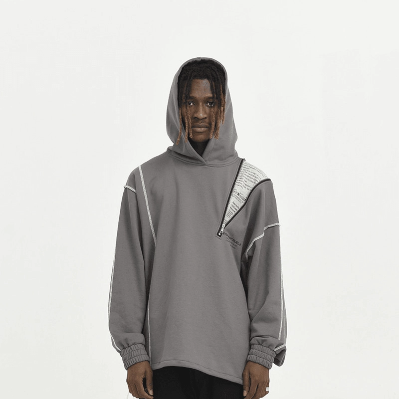 Cozy Fit Hiking Suitable Asymmetrical Zipper Reverse Process Printing Loose Hooded Sweatshirt