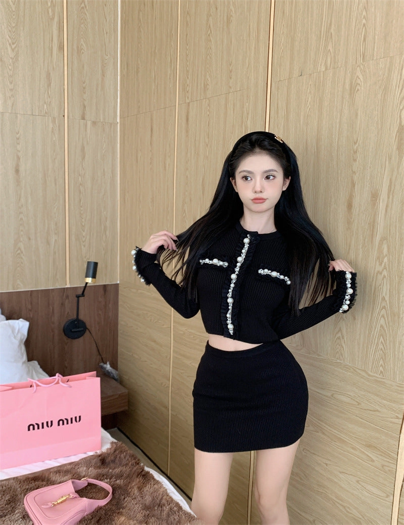 product personalized touch Autumn Black Sweet Slim Short Long-sleeved Knitted Cardigan Top