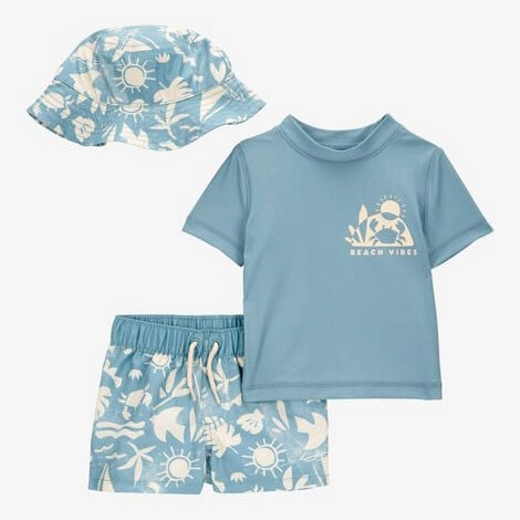 Baby 3-Piece "Beach Vibes" Rashguard Swim Trunk & Hat Set 1S897110-420 HighCollar Style