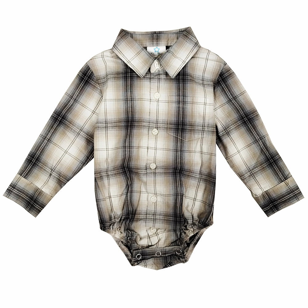Baby Boys' Long-Sleeve Gray & Earth Tone Plaid Bodyshirt 4305 Sophisticated Style