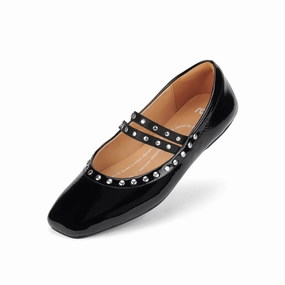 Ballet MJ Square Toe Stud Black Patent Comfortable Cushions Essential Wear