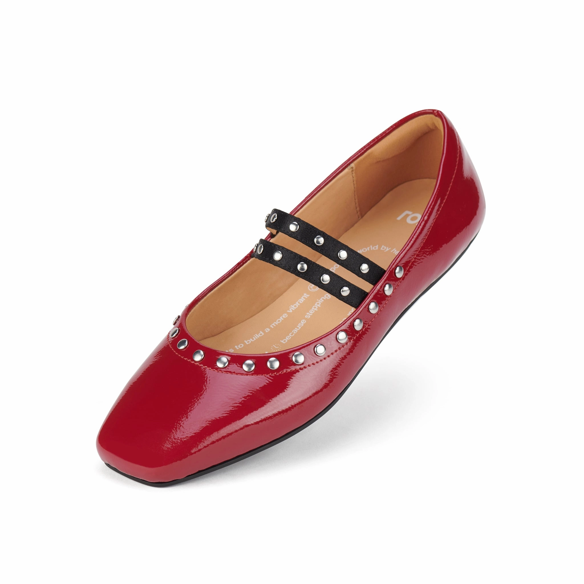 Ballet MJ Square Toe Stud Merlot Patent Every Step Sustainable Leather