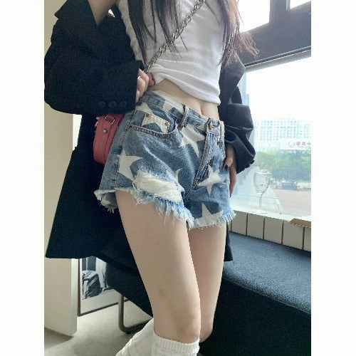 Women's Summer Star Vintage Print Raw Edge Denim Shorts Comfortable Outfit
