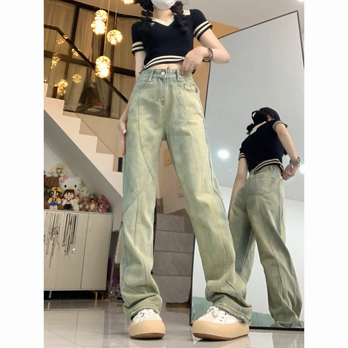 Modern Minimalist Fashion Lover Classic Vibe Distressed Yellow Mud Jeans Women's Loose Micro-flared Straight Casual