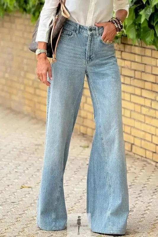 City Walk Smooth No Gap Waist Engineering Blue Wide Leg High Waist Women Jeans