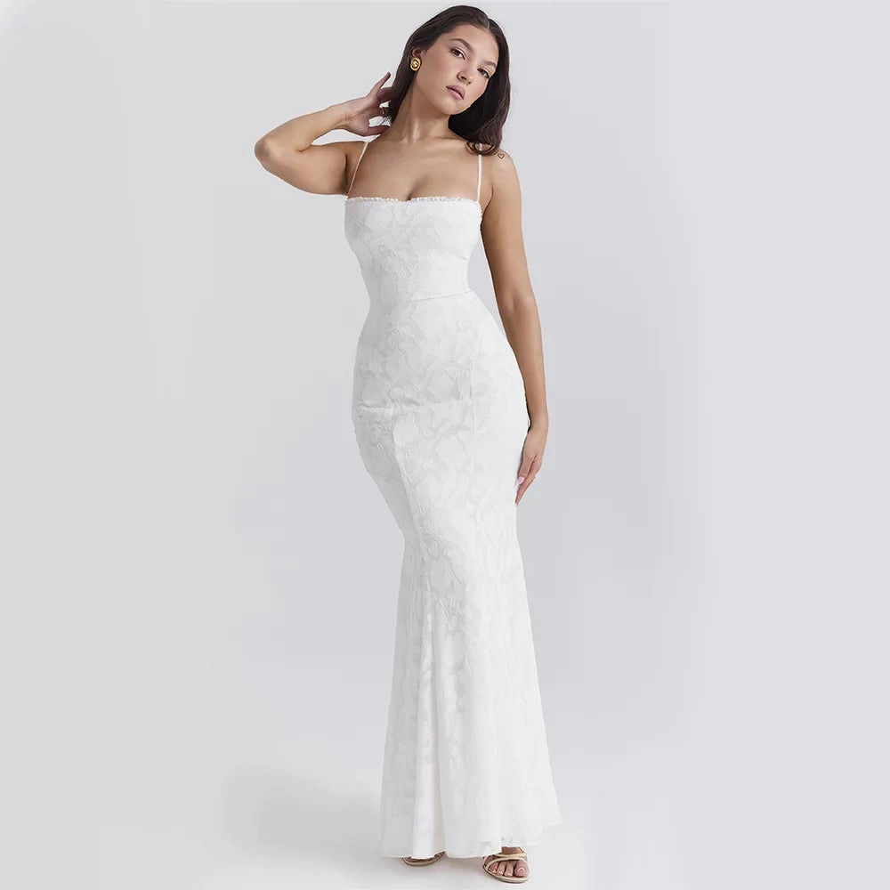 Ribbon Work White Lace-up Maxi Dress