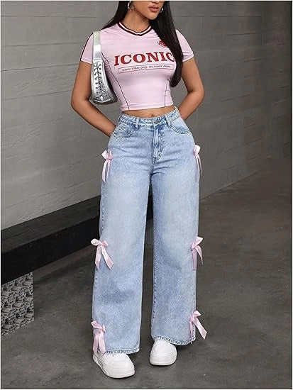 Minimalist Elegant Bowknot Collage Washed Jeans Loose Straight-leg Wide-leg Pants