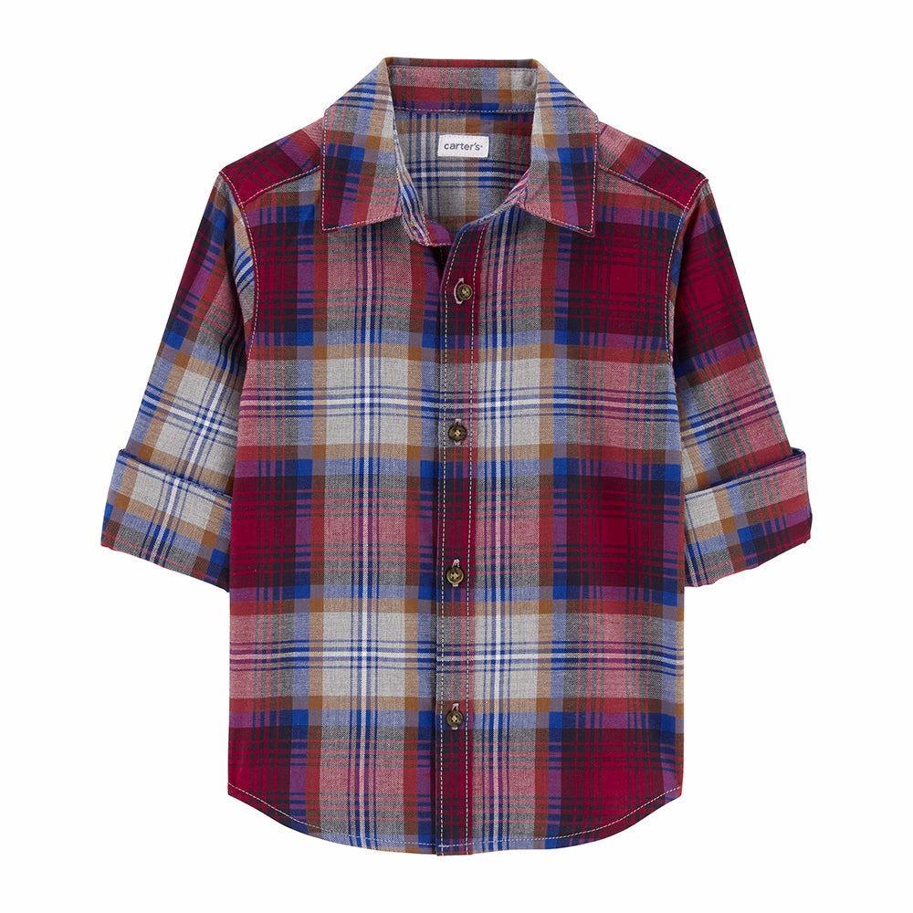 Reinforced Stress Points Boys' Plaid Button-Front Twill Shirt