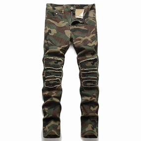 West Louis? Camouflage Soldier Ripped Denim Pants Sea Fit
