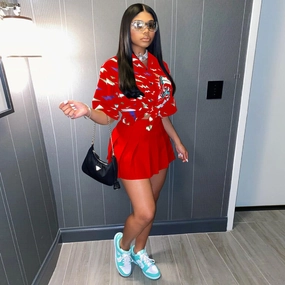 Unique Couple Printed Skull Head Loose Button Shirt Pleated Skirt