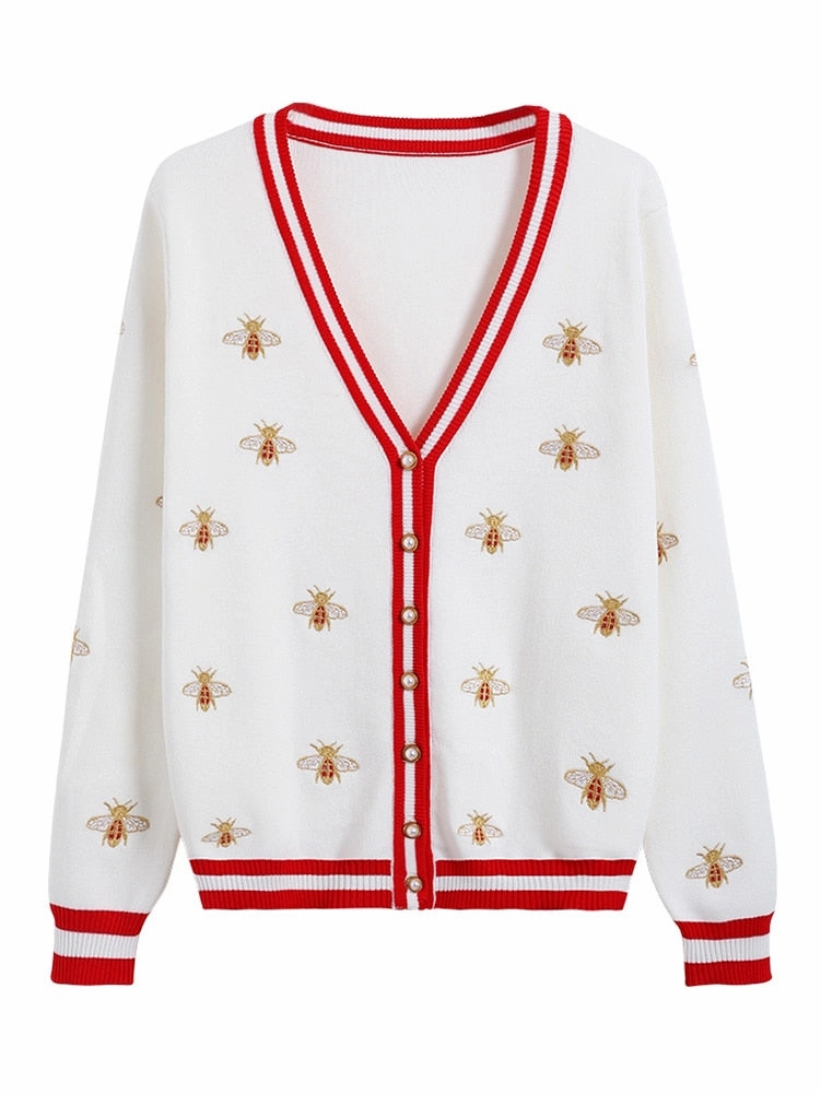 Smooth Finish Stretchable Fabric Designer Bee Embroidery Cardigan -Long Sleeve -Single Button -Knitted