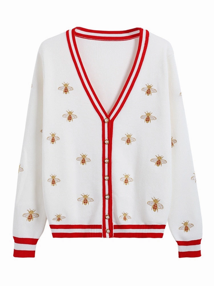 Designer Bee Embroidery Cardigan -Long Sleeve -Single Button -Knitted Heavyweight