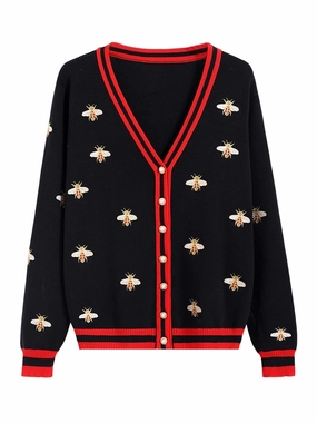 Designer Bee Embroidery Cardigan -Long Sleeve -Single Button -Knitted Non-Hooded Style High-Top Design