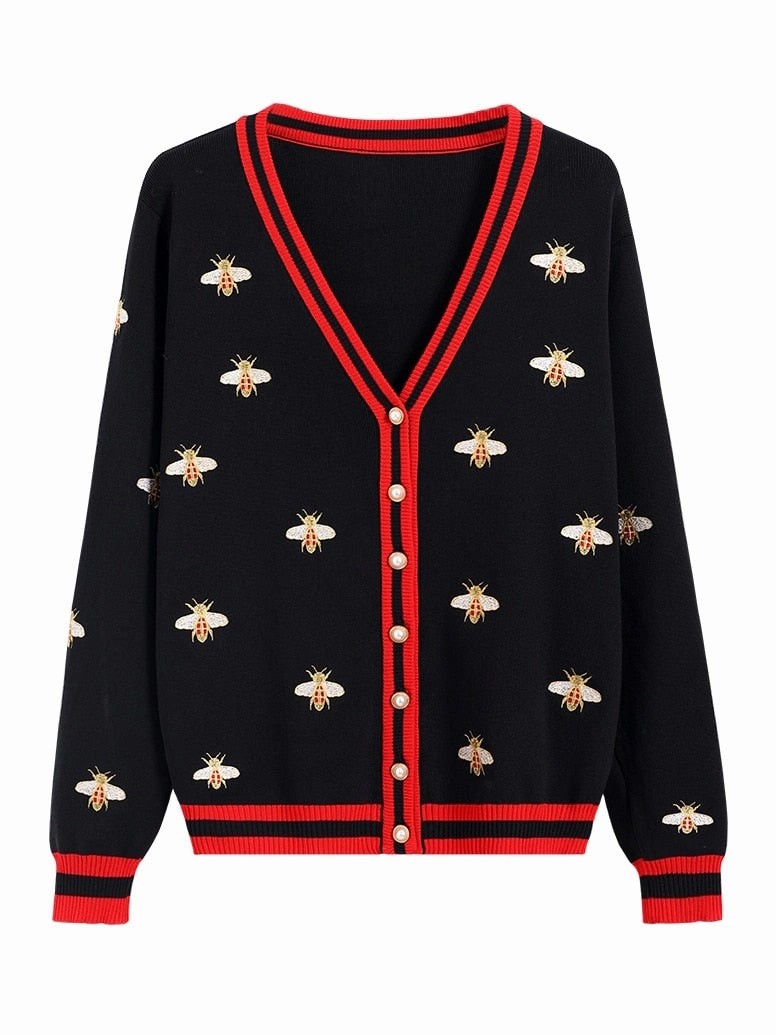 Flexible Construction Designer Bee Embroidery Cardigan -Long Sleeve -Single Button -Knitted