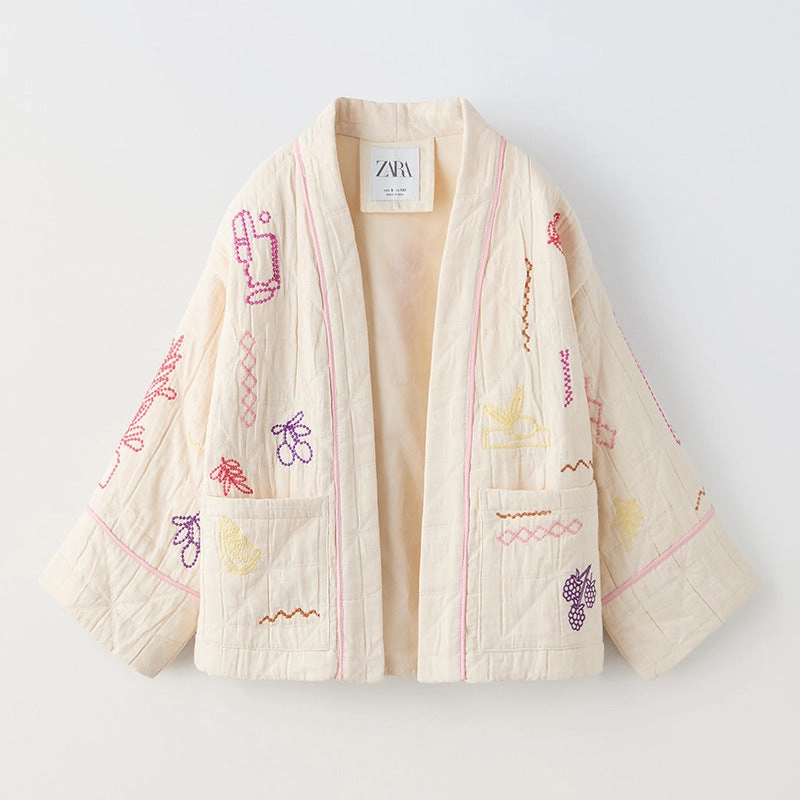 Erasable Stains Treatment Casual All-match V-neck Fruit Embroidery Kimono Jacket