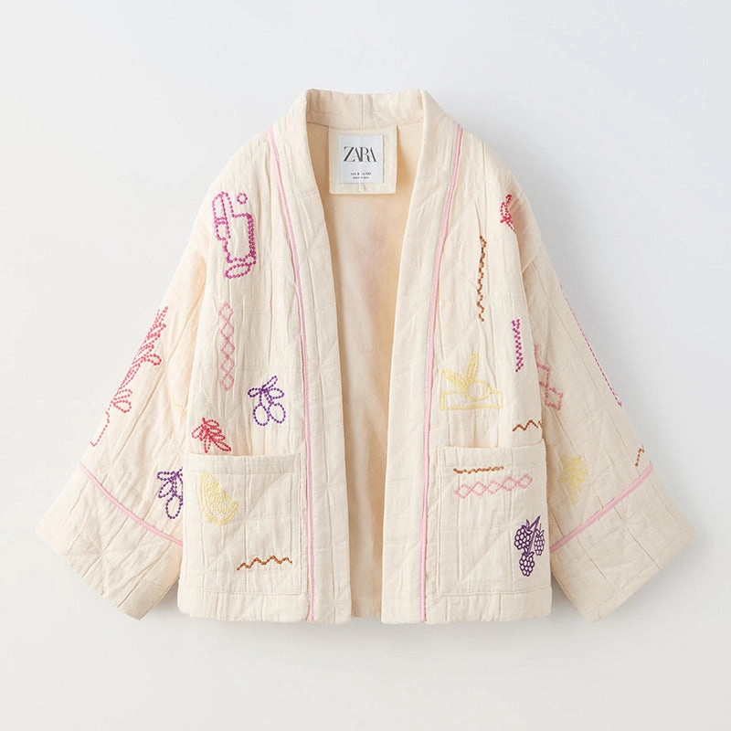 Anti Static Finish AntiStatic Lining Casual All-match V-neck Fruit Embroidery Kimono Jacket