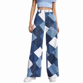 Casual High-waisted Large Straight Leg Printed Denim Pants No Iron Wear Basic Necessity