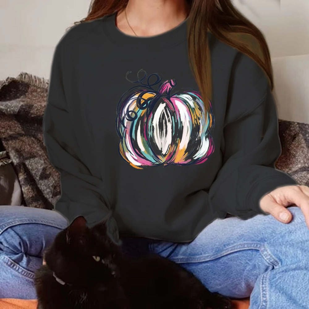 Halloween Personality Color Pumpkin Print Casual Long Sleeve Hoodie Layer Active goes with high heels