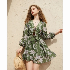 Pop Fresh Charming Floral V-Neck Mini Dress - Long Sleeve Vintage Style for Women