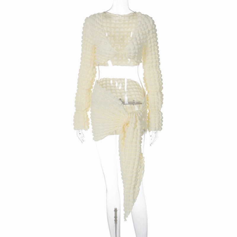 Low-cut V-neck Long Sleeve Top Knotted Short Hip Skirt Suit Shopping Comfy