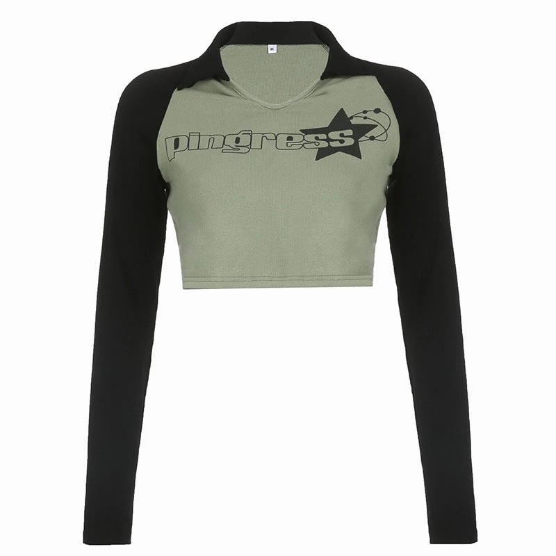 Raglan Sleeve With Navel Exposed Round Neck Fitted T-shirt Top Casual Hoodie Style Graduation wear