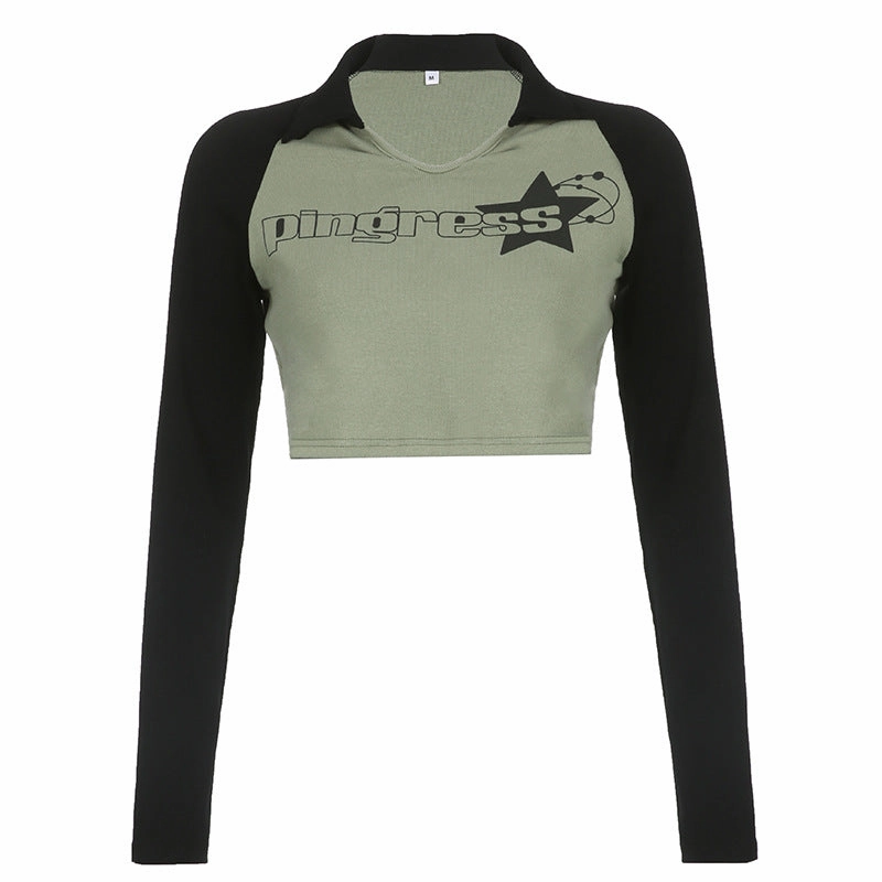 Raglan Sleeve With Navel Exposed Round Neck Fitted T-shirt Top Soft Layers Fall