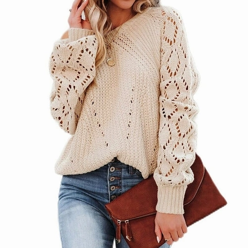 Active Wear Lantern Sleeve Knitted Sweater Woman Autumn Winter Hollow Out Sweater