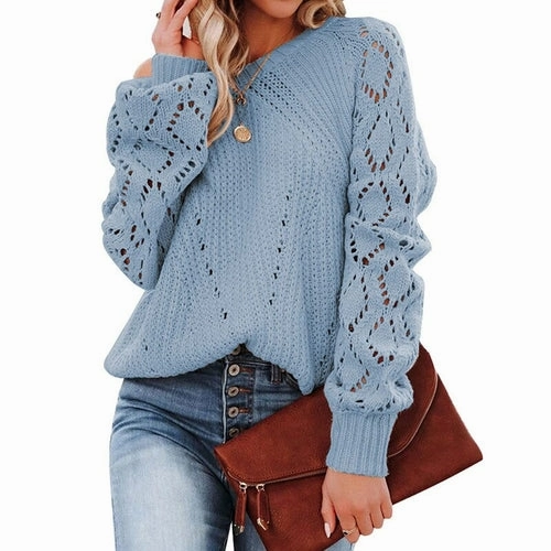 Lantern Sleeve Knitted Sweater Woman Autumn Winter Hollow Out Sweater Reflective accents Chill Day Layer