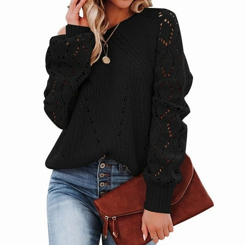 Cold Day Look Ergonomic Shoulder Fit Lantern Sleeve Knitted Sweater Woman Autumn Winter Hollow Out Sweater