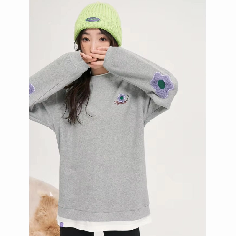 Loose Fit Fake Two-Piece Sweatshirt with 3D Flower Embroidery product shoe support