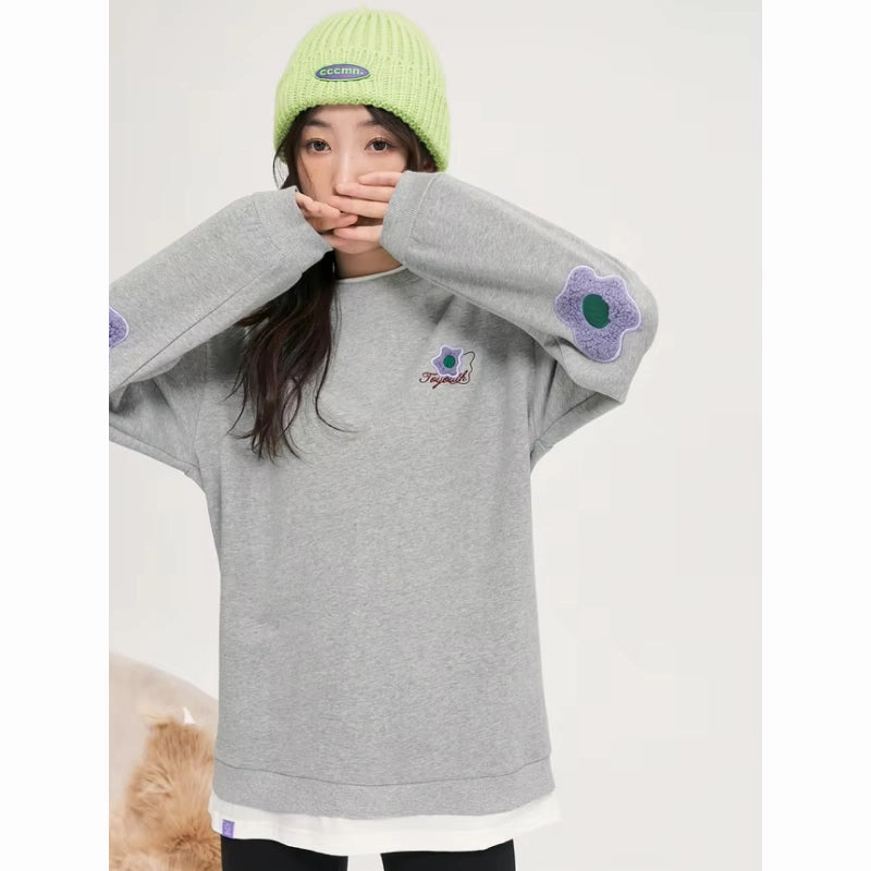 Beach Wear Loose Fit Fake Two-Piece Sweatshirt with 3D Flower Embroidery